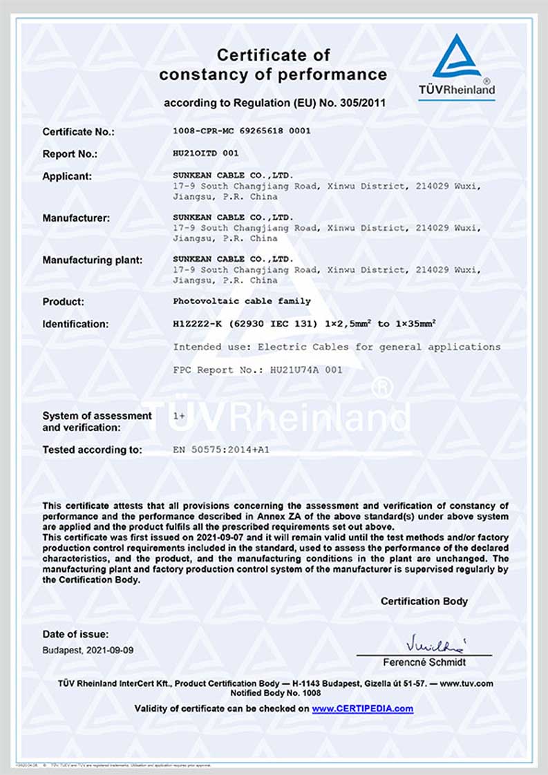 CPR Solar Cable Certificate